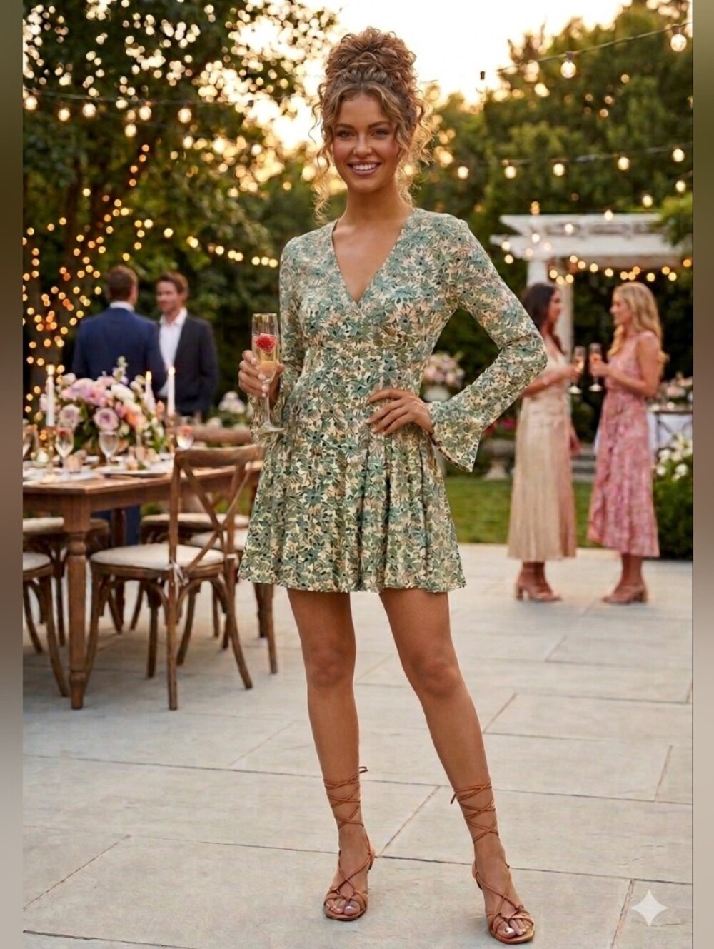 Retro Fall Mini Dress Ditsy Green Floral Festival Cottage Medium